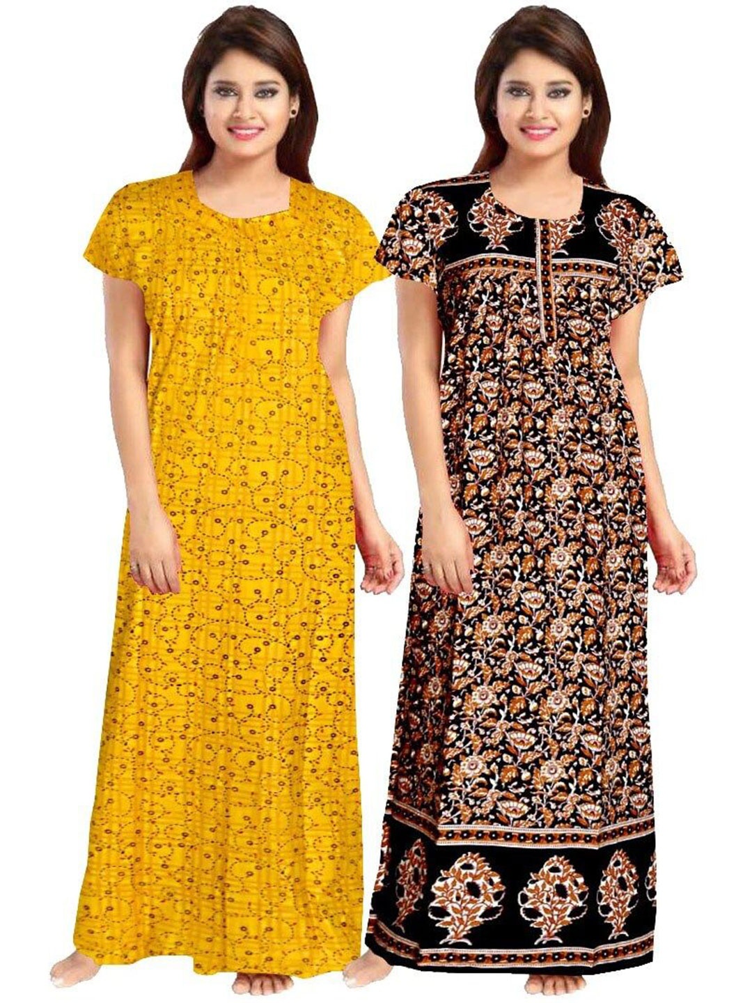 

PR PINK ROYAL Women Pack Of 2 Pure Cotton Ethnic Motifs Printed Maxi Nightdress, Black