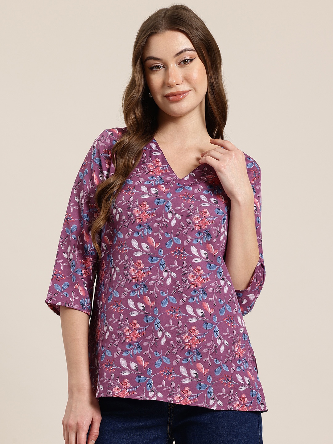 

HERE&NOW Floral Printed V-Neck Empire Kurti, Purple