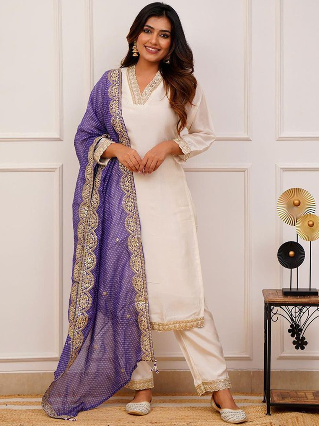 

ZIBLON Women Ethnic Motifs Embroidered Regular Kurta with Trousers & With Dupatta, Purple