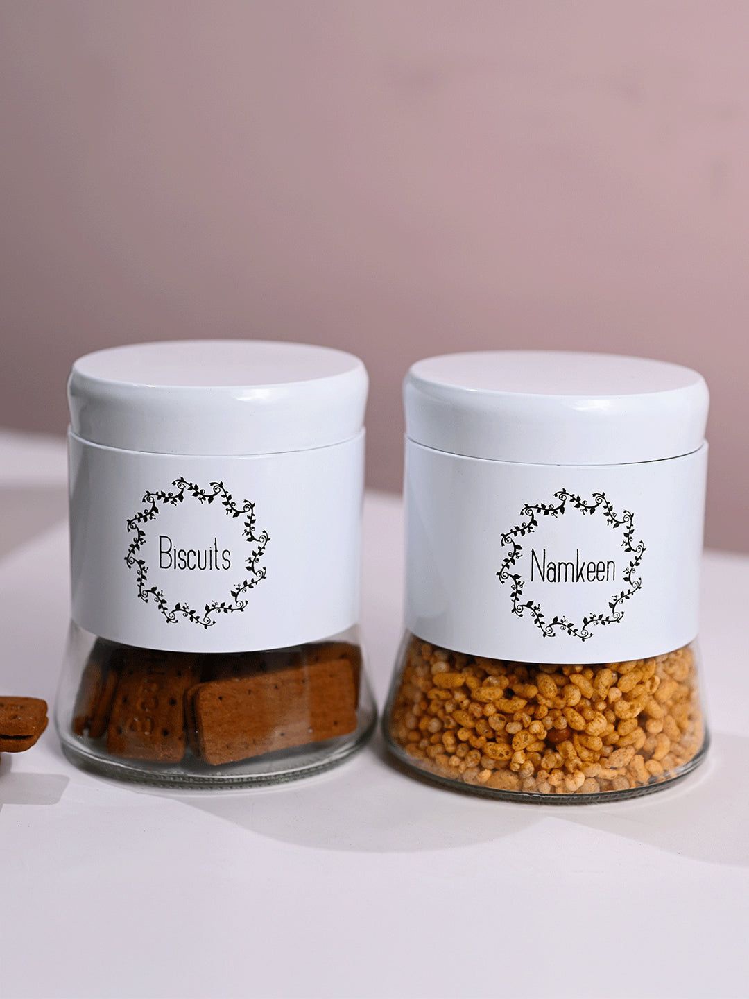 

MARKET99 White & Black 2 Pieces Printed Glass Biscuit & Namkeen Jar 600ml