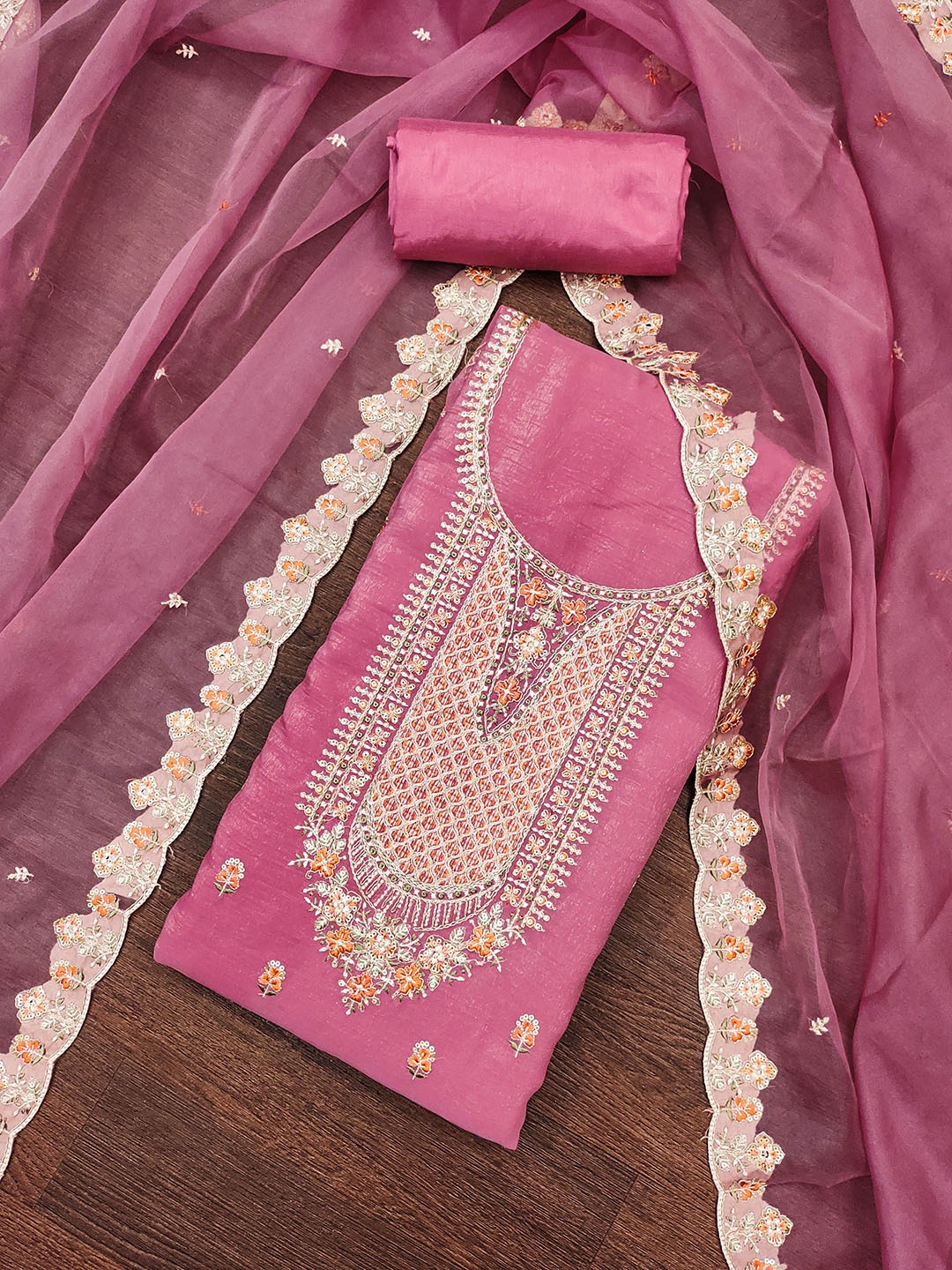 

HERE&NOW Floral Embroidered Sequinned Unstitched Dress Material, Pink