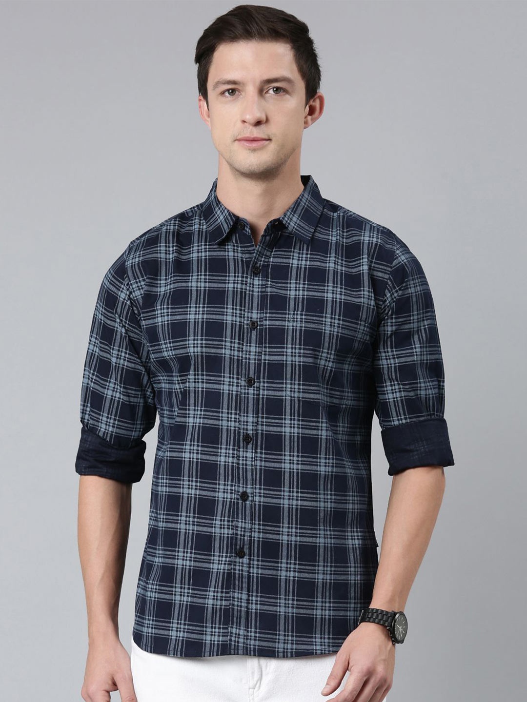 

Provogue Men Spread Collar Tartan Checked Cotton Casual Shirt, Navy blue