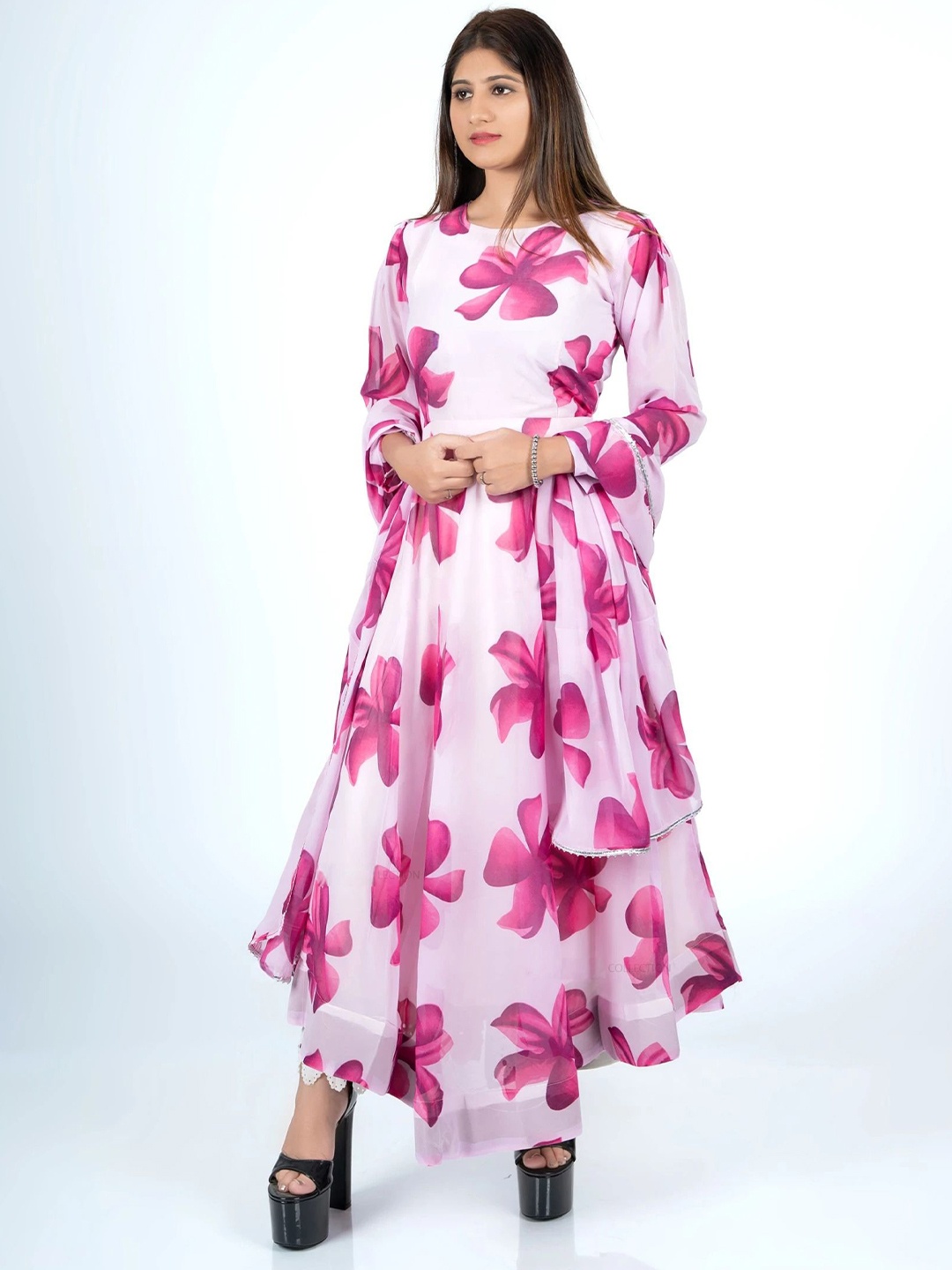 

Femvy Women Floral Printed Crepe Fit & Flare Maxi Dress, Pink