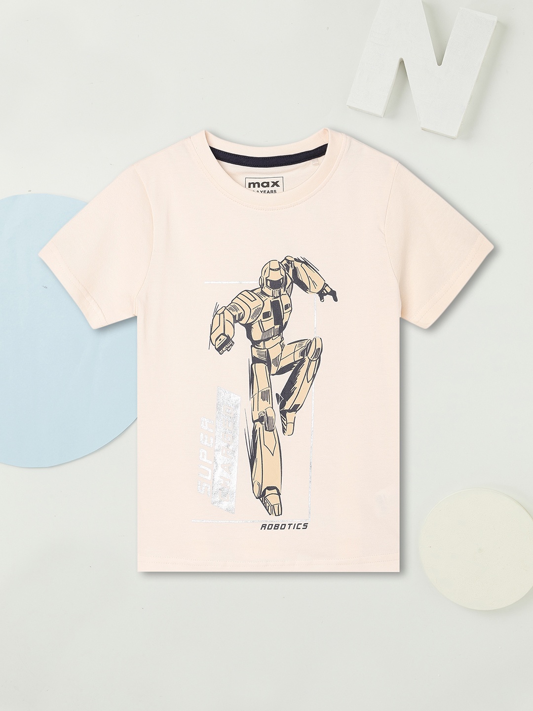

max Boys Graphic Printed Round Neck Cotton T-shirt, Cream