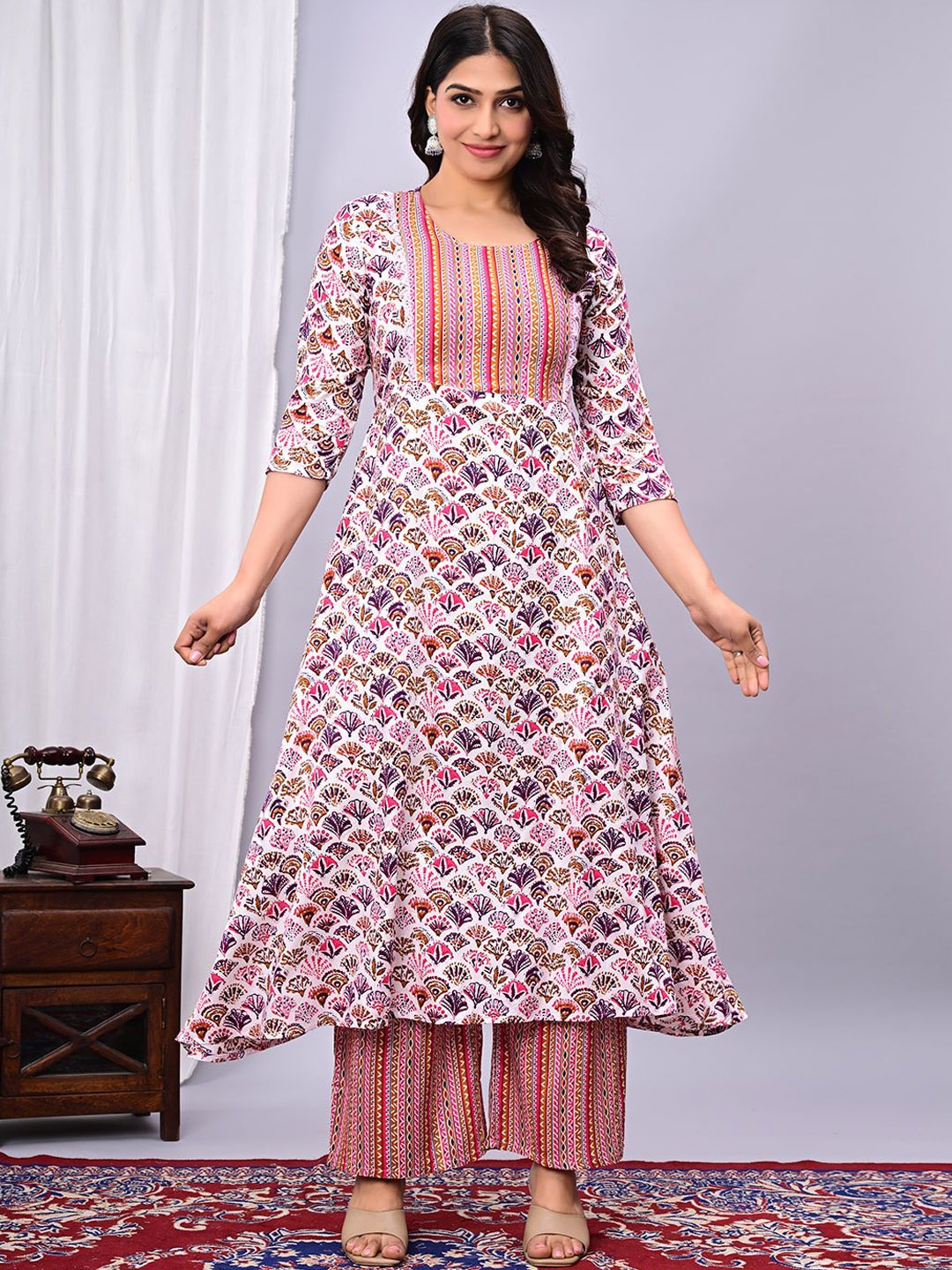 

NEKU FASHION Floral Printed Round Neck A-Line Kurta With Palazzos, Pink