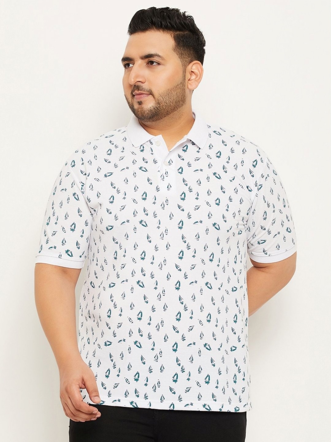 

NYKER Men Plus Size Conversational Printed Polo Collar Cotton T-shirt, White
