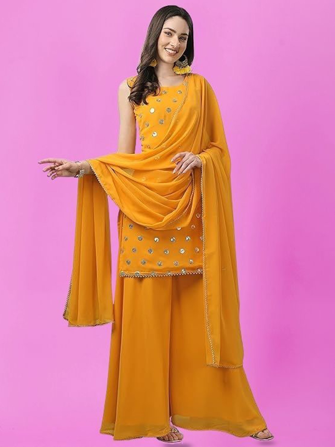 

PARROT CREATION Geometric Embroidered Georgette Straight Kurti With Palazzo & Dupatta, Yellow