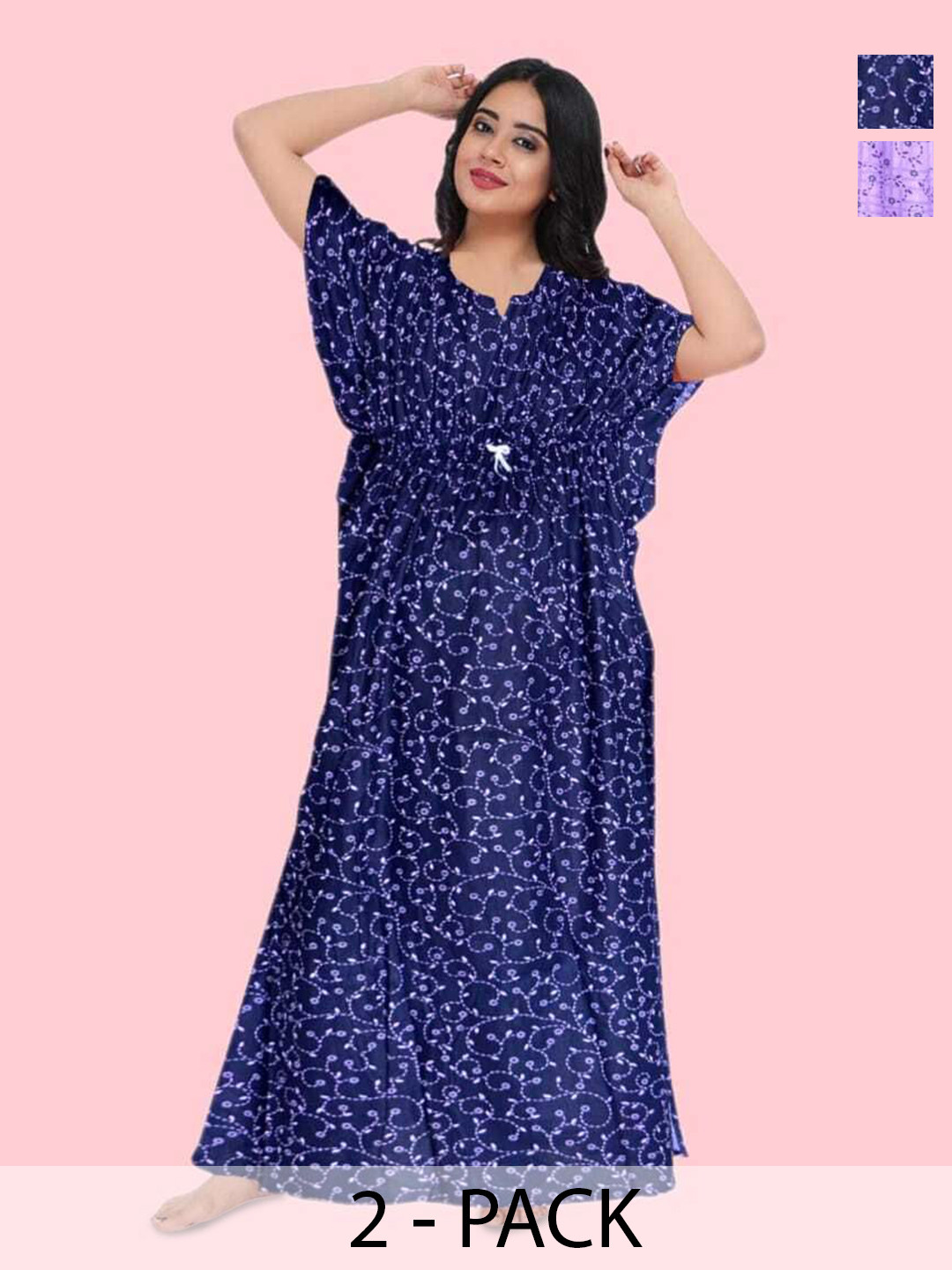 

PR PINK ROYAL Women Pack Of 2 Printed Pure Cotton Maxi Nightdress, Purple