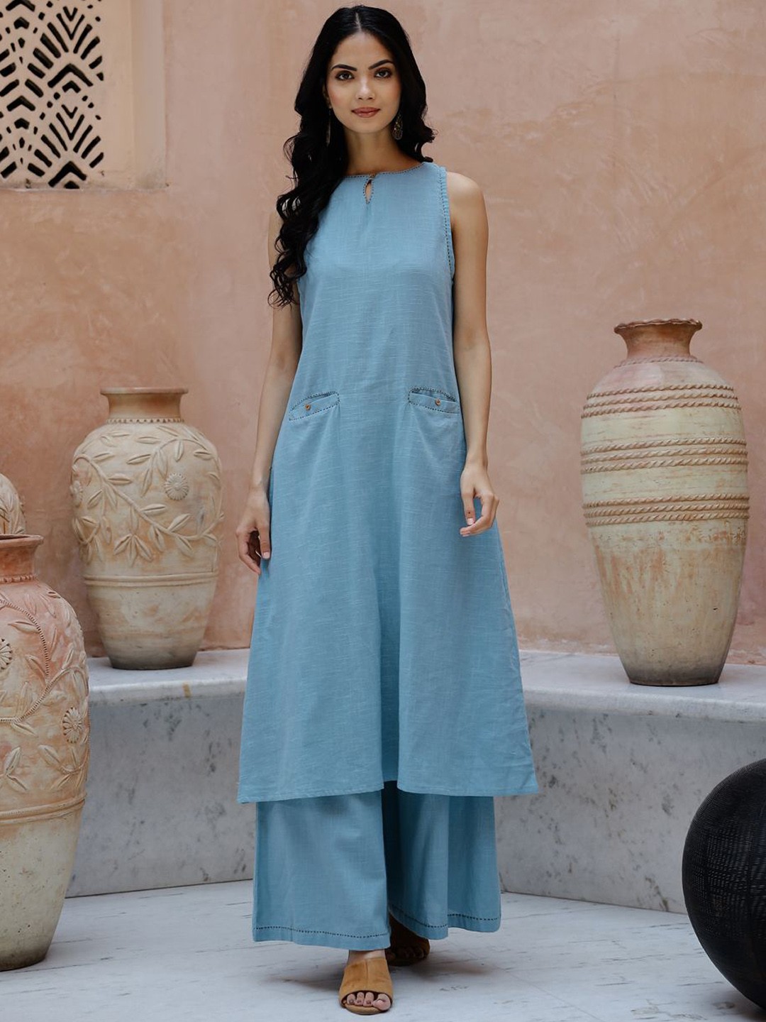 

Sangria Blue Solid Keyhole Neck Pure Cotton Round Neck Kurta With Palazzo Set