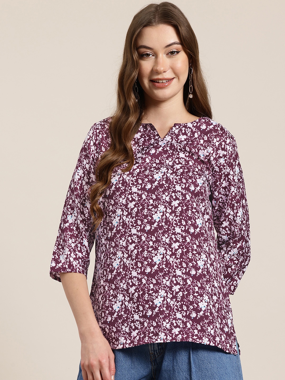 

HERE&NOW Floral Printed Straight Kurti, Purple