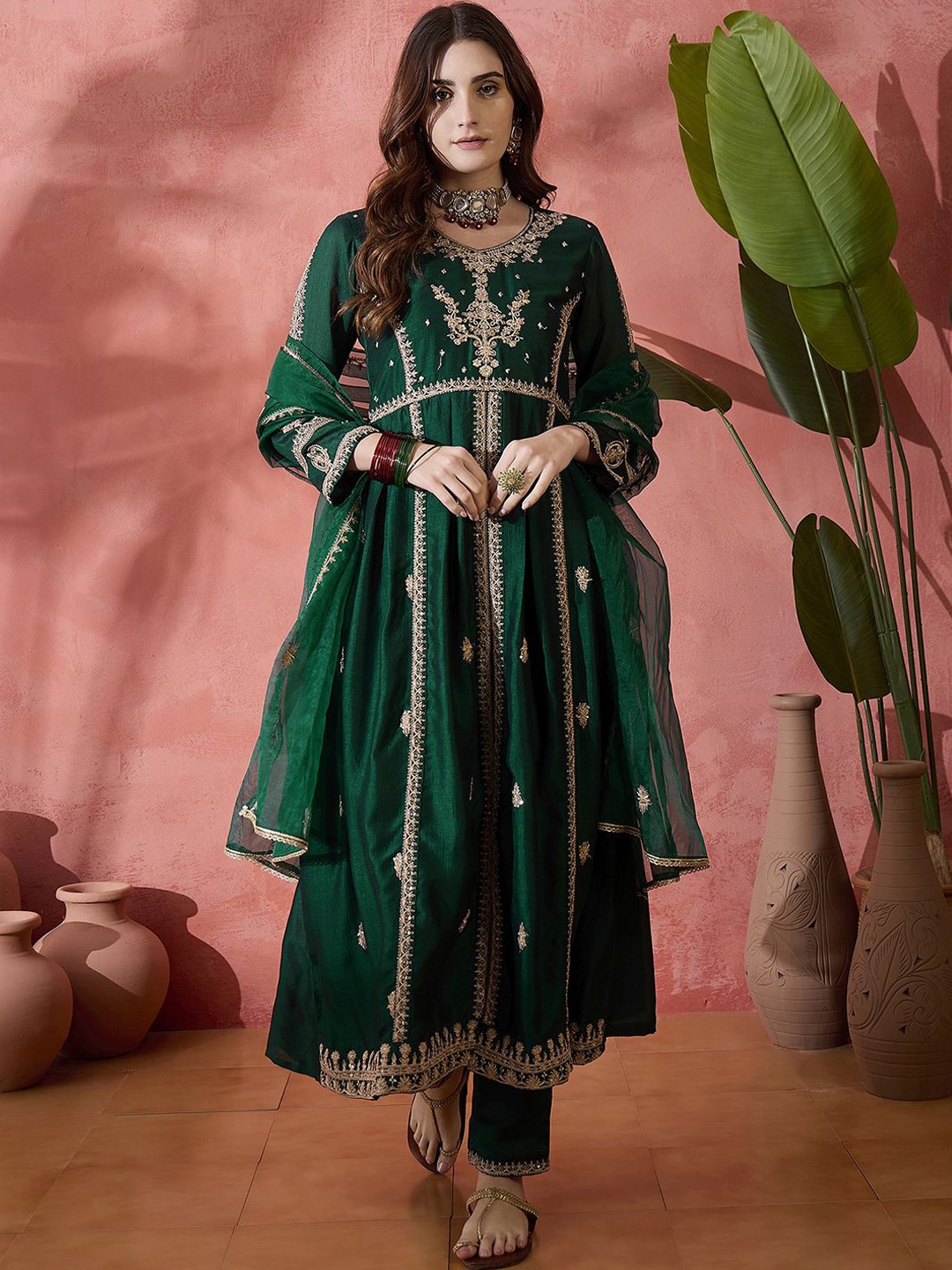 

Sangria Green Floral Embroidered Panelled Zari A-Line Kurta With Trousers And Dupatta