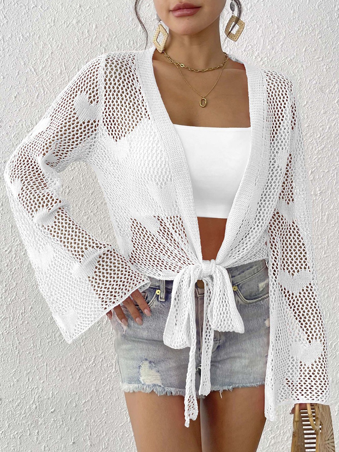 

StyleCast x Revolte Self Design Long Sleeves Tie-Up Shrug, White