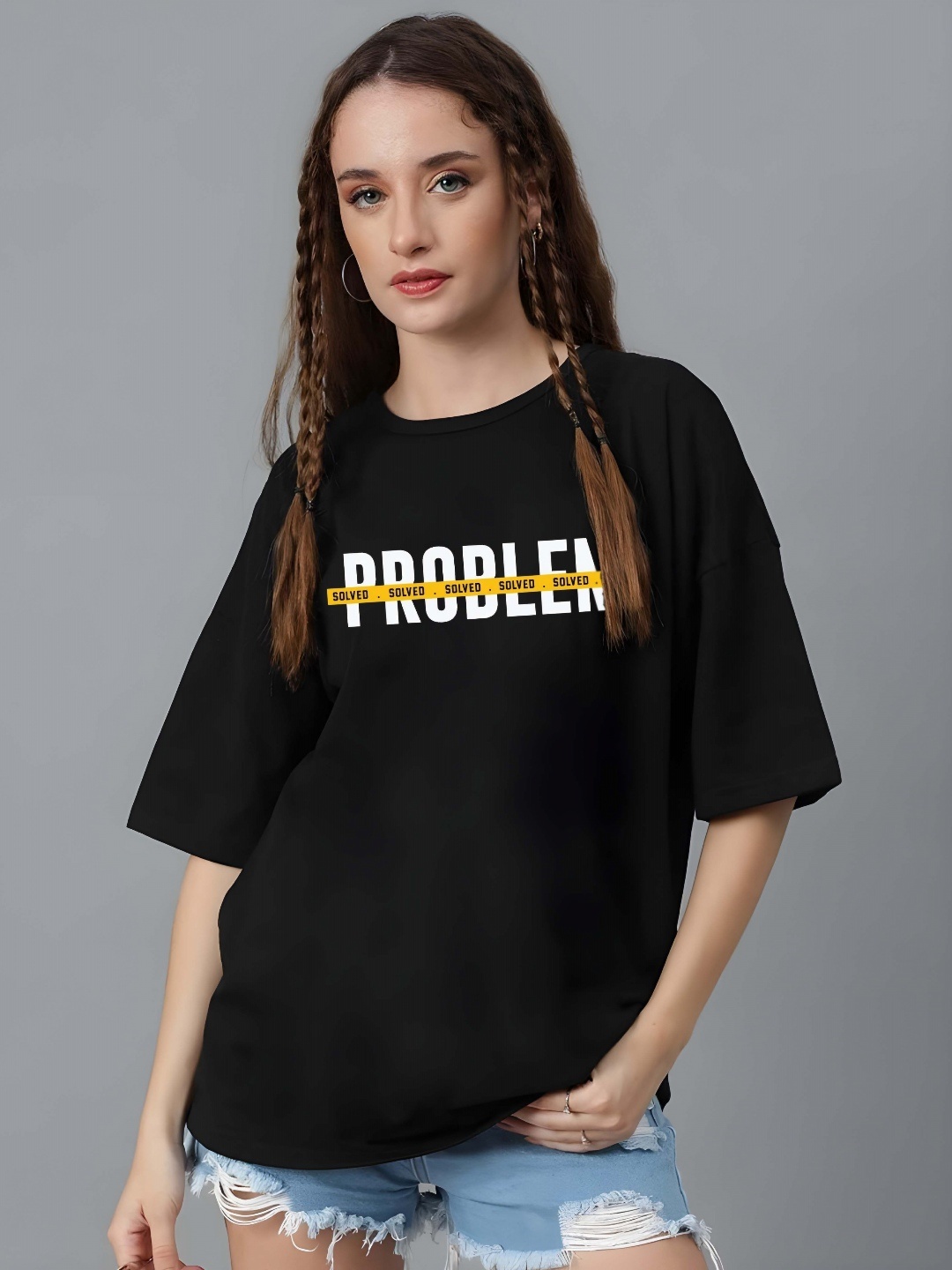 

SZN Women Typography Printed Round Neck Cotton Oversized T-shirt, Black