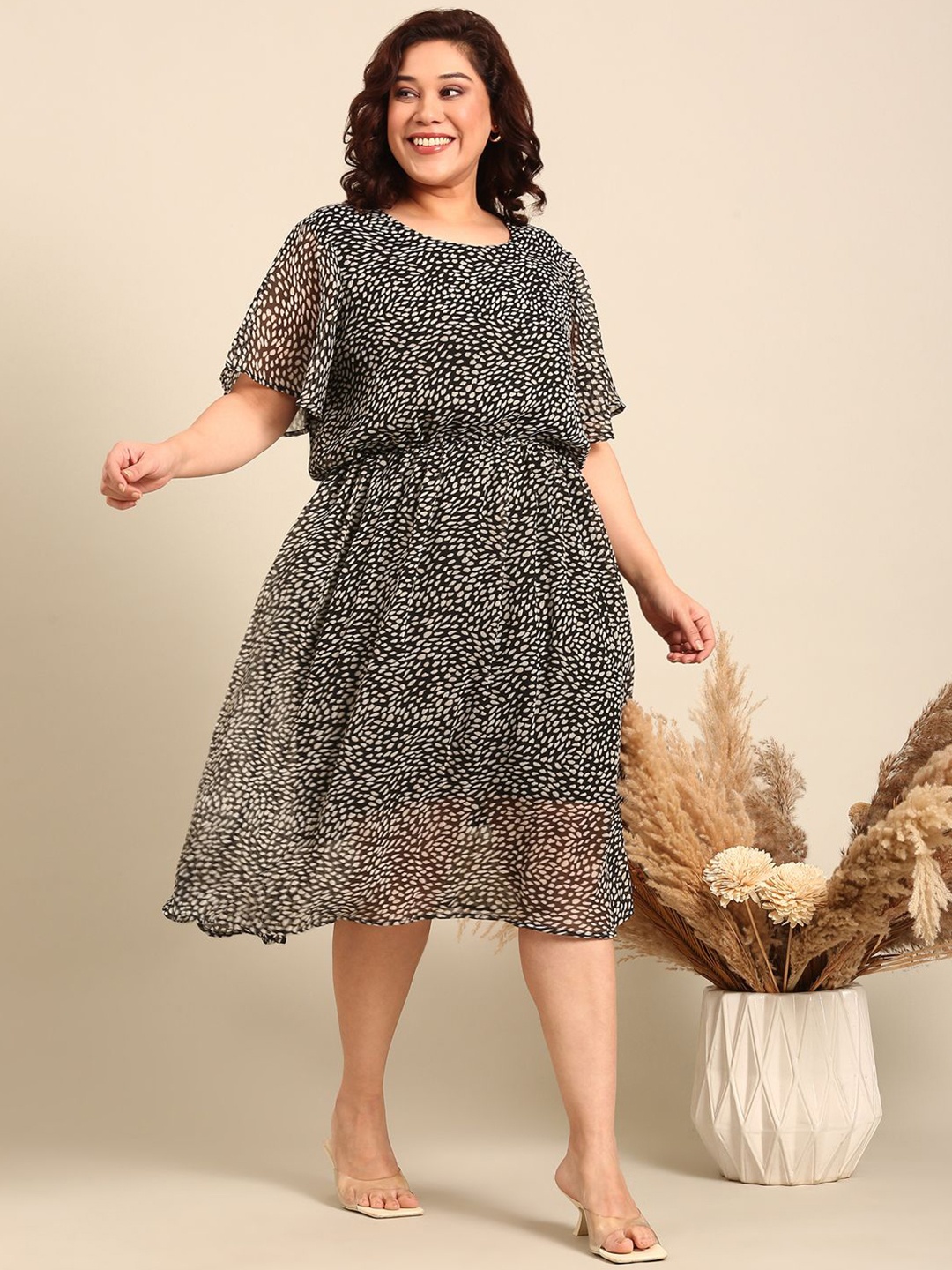 

The Pink Moon Black and White Dot Printed Dress