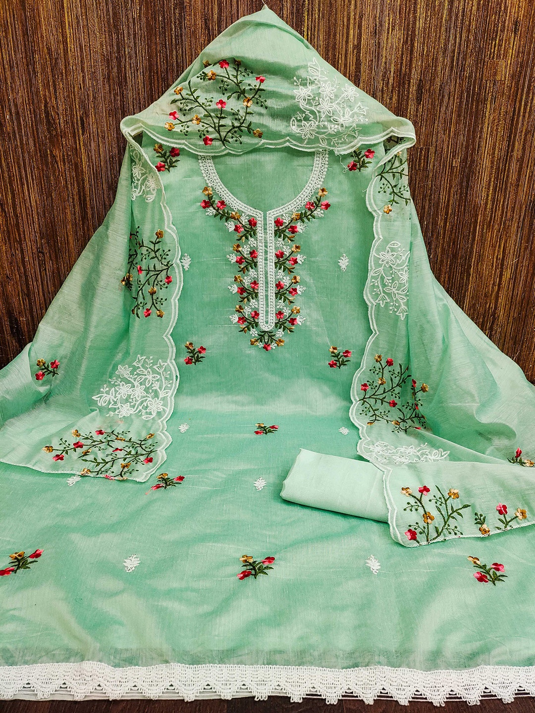 

HERE&NOW Floral Embroidered Unstitched Dress Material, Sea green