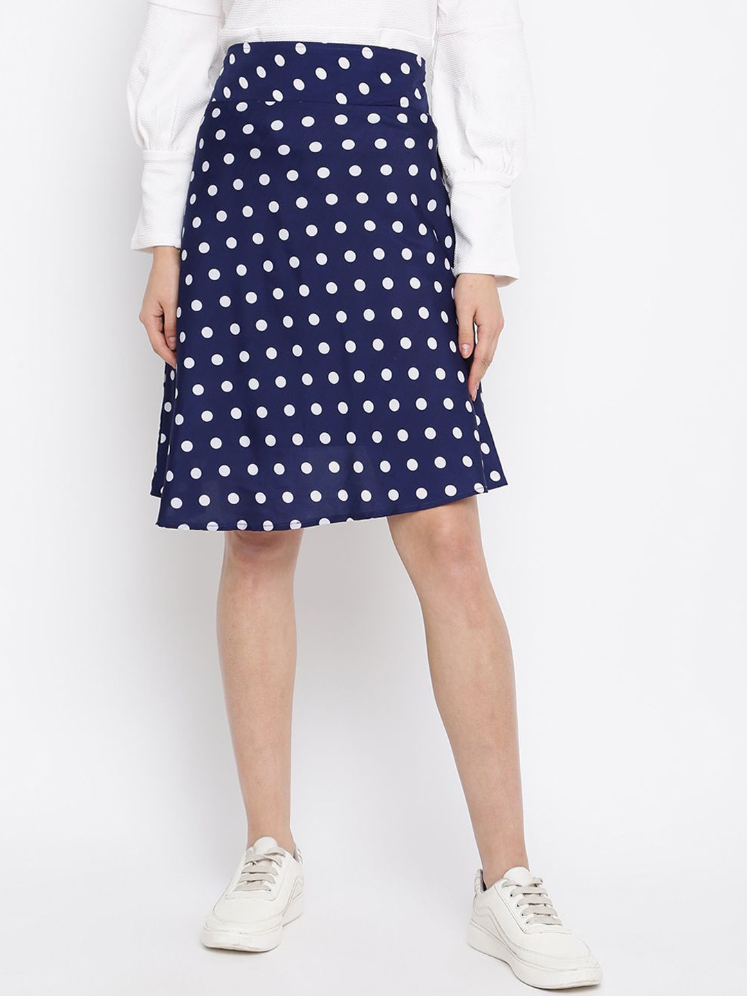 

DressBerry Polka- Dot Printed Flared Knee -Length Skirt, Navy blue