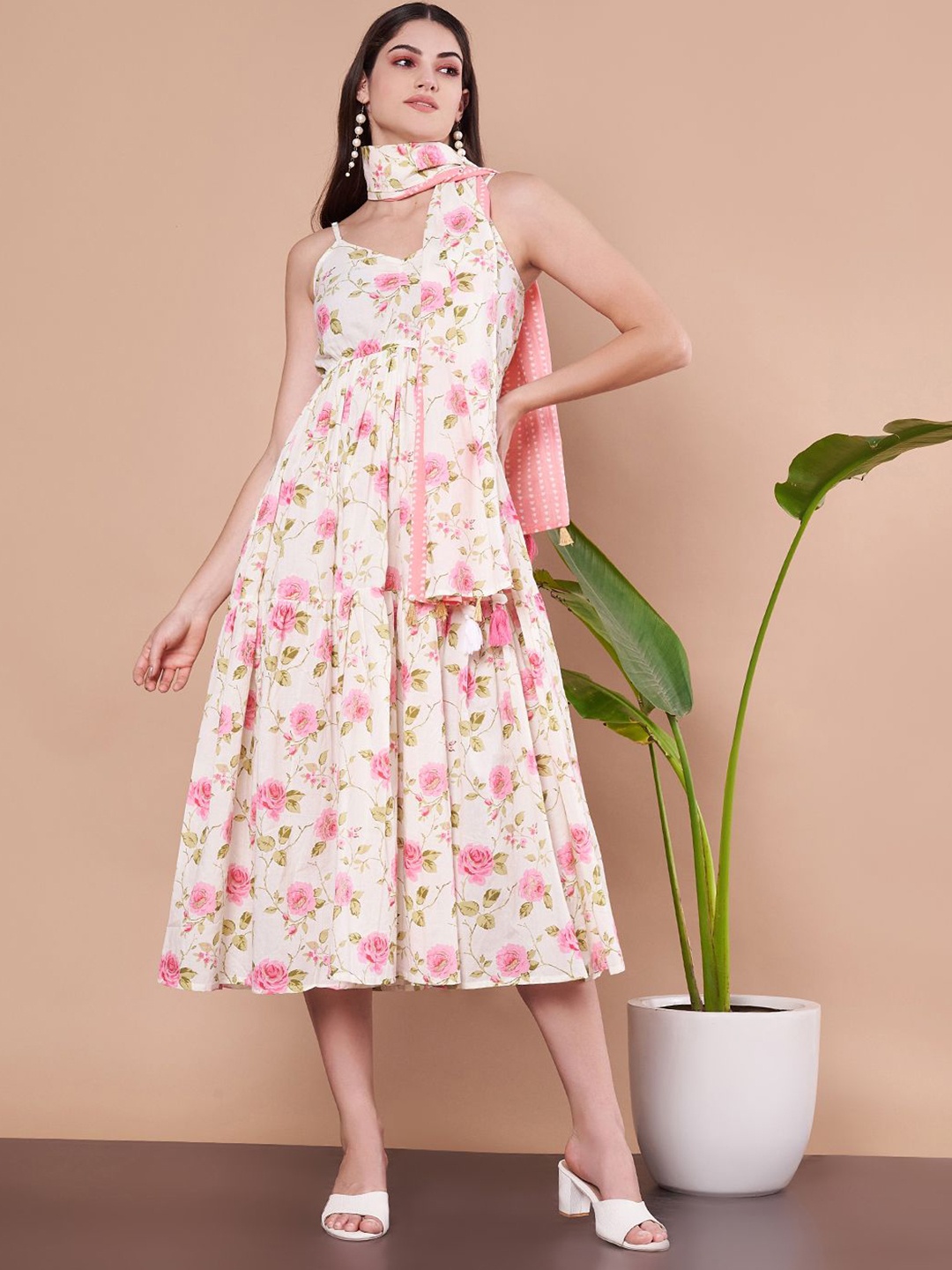 

JAPER KURTI Floral Print Fit & Flare Dress, Off white