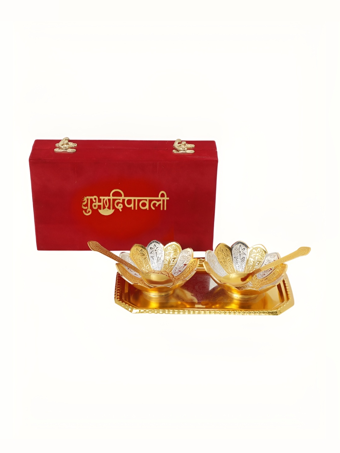 

INTERNATIONAL GIFT Silver & Gold -Toned 6 PCS Bowl Set With Tray & Spoons With Velvet Box