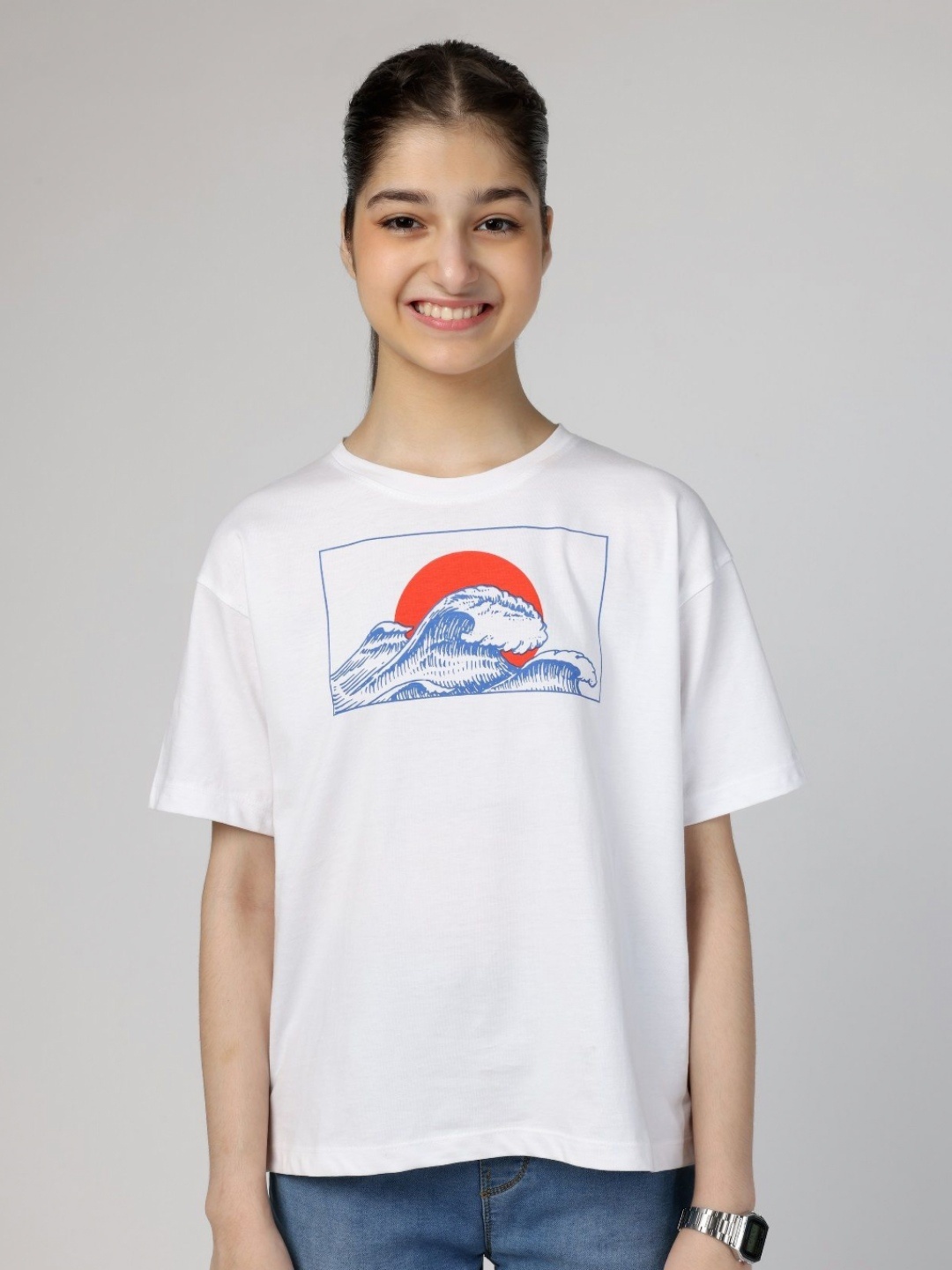 

Wakai Girls Graphic Printed Round Neck Cotton T-shirt, White