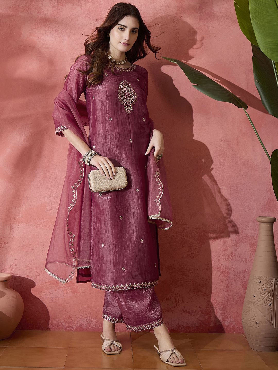 

Sangria Pink Floral Embroidered Mirror Work Straight Kurta With Palazzo And Dupatta