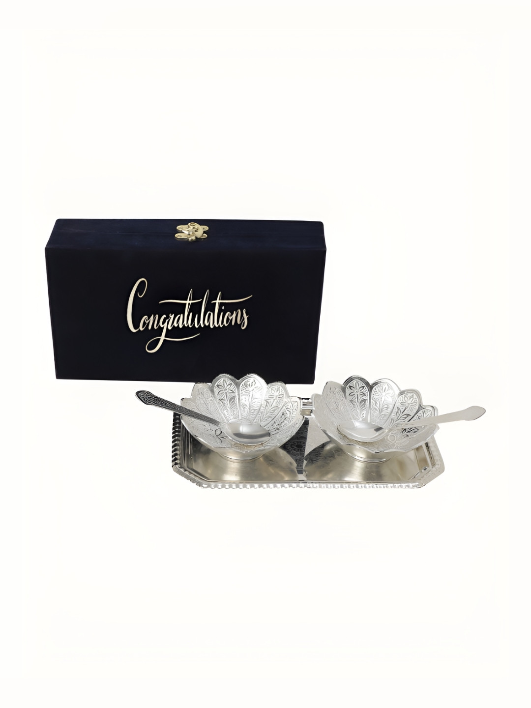 

INTERNATIONAL GIFT Silver-Toned 5 PCS Textured Bowl Set With Tray & Spoons With Velvet Box, Grey