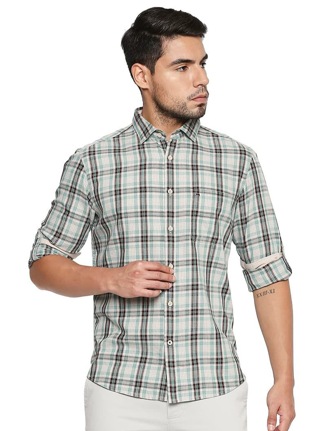 

Basics Men Relaxed Fit Spread Collar Tartan Checked Cotton Casual Shirt, Off white