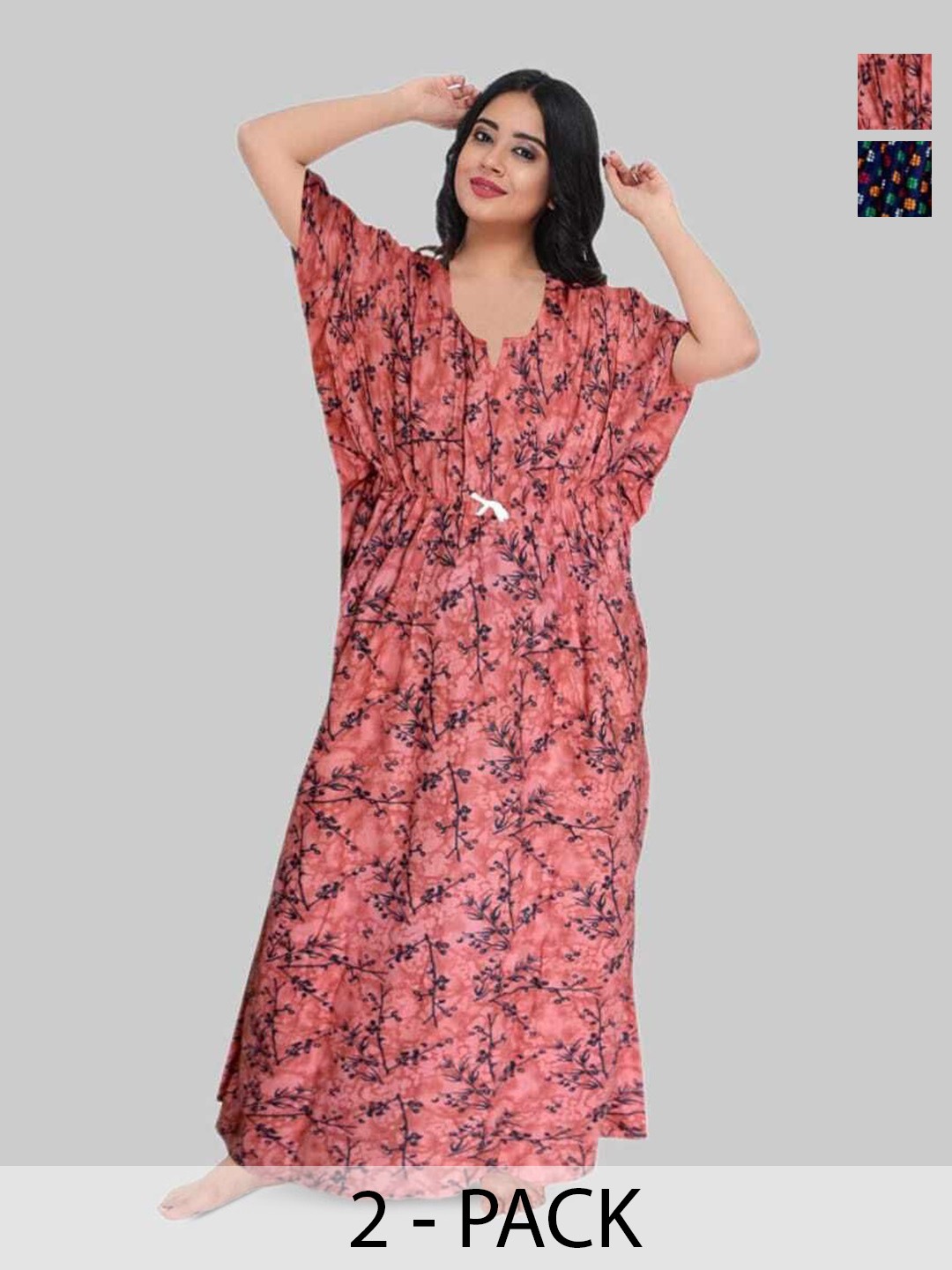 

PR PINK ROYAL Women Pack Of 2 Floral Printed Pure Cotton Kaftan Nightdress, Orange