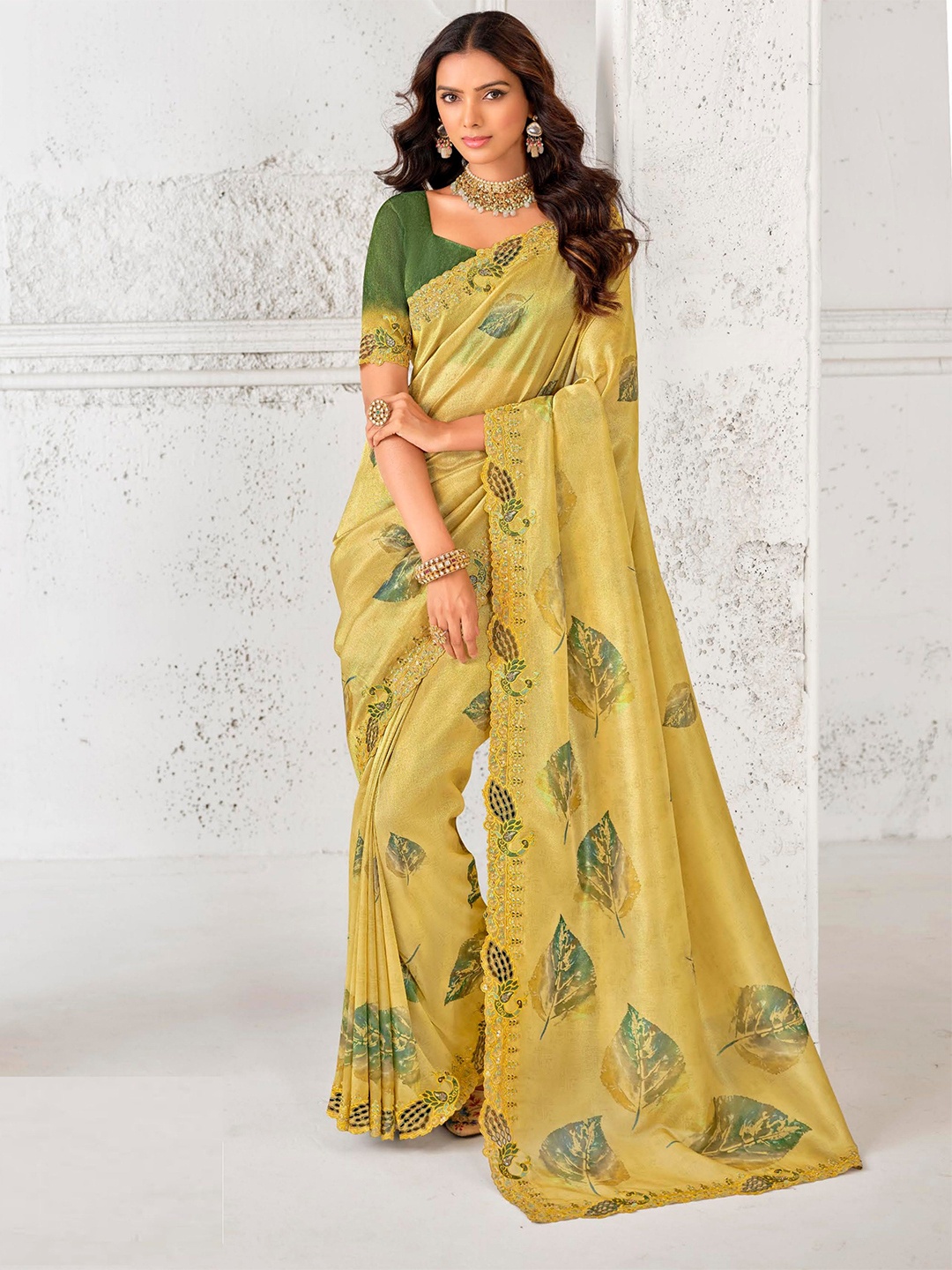 

MAHALASA Floral Embroidered Designer Saree, Yellow