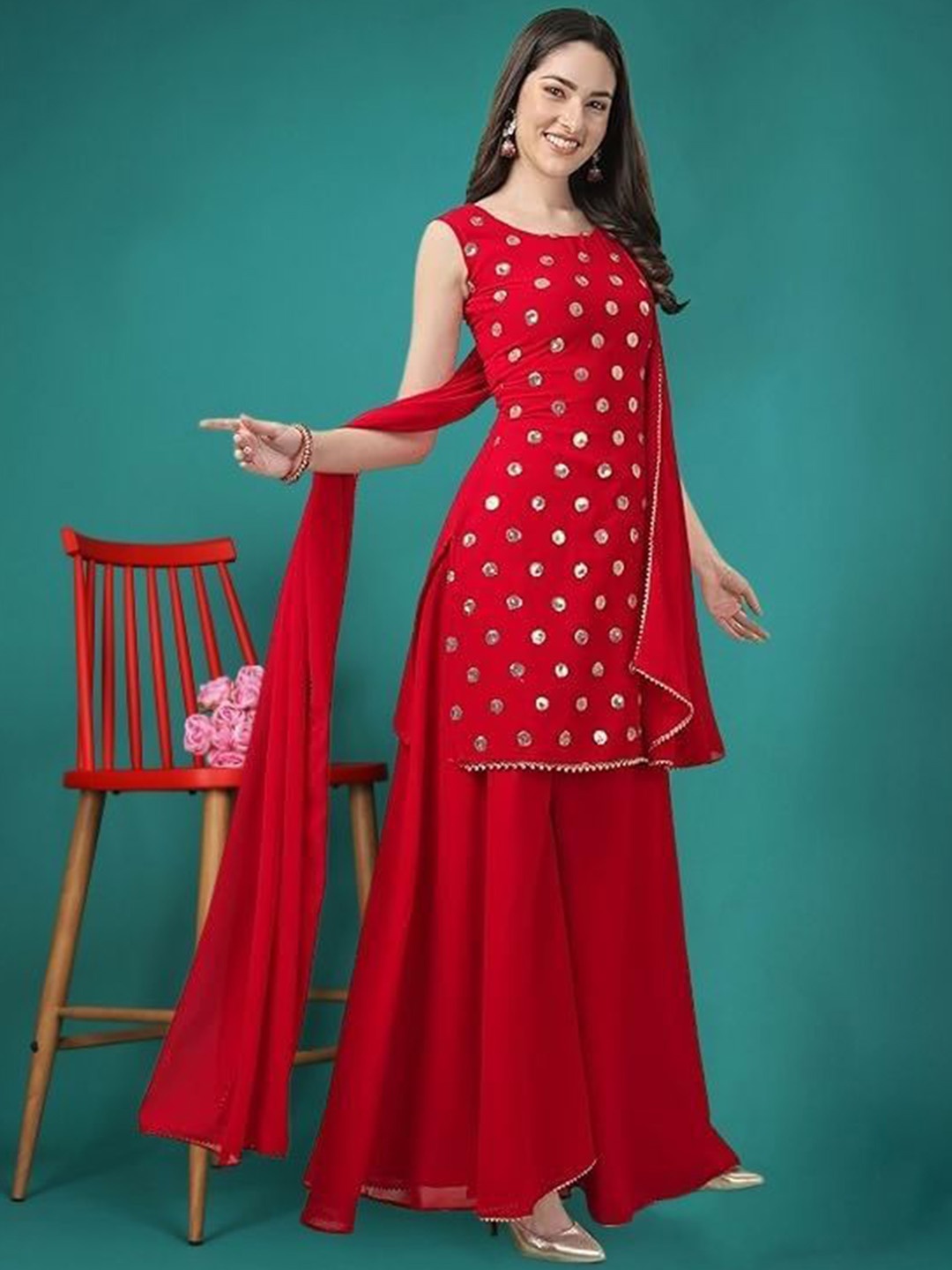 

PARROT CREATION Geometric Embroidered Sequinned Georgette Kurti with Sharara And Dupatta, Red