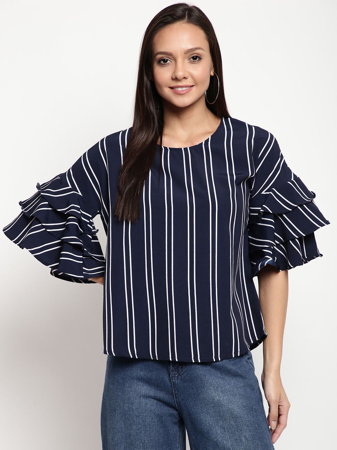 

DressBerry Women Vertical Striped Round Neck Top, Navy blue