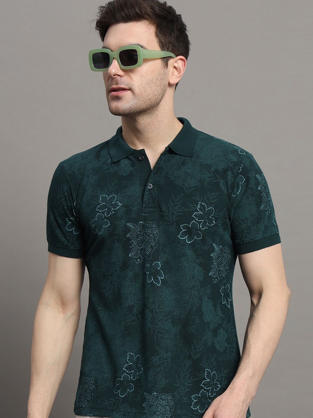 

NYKER Men Floral Printed Polo Collar Cotton T-shirt, Olive