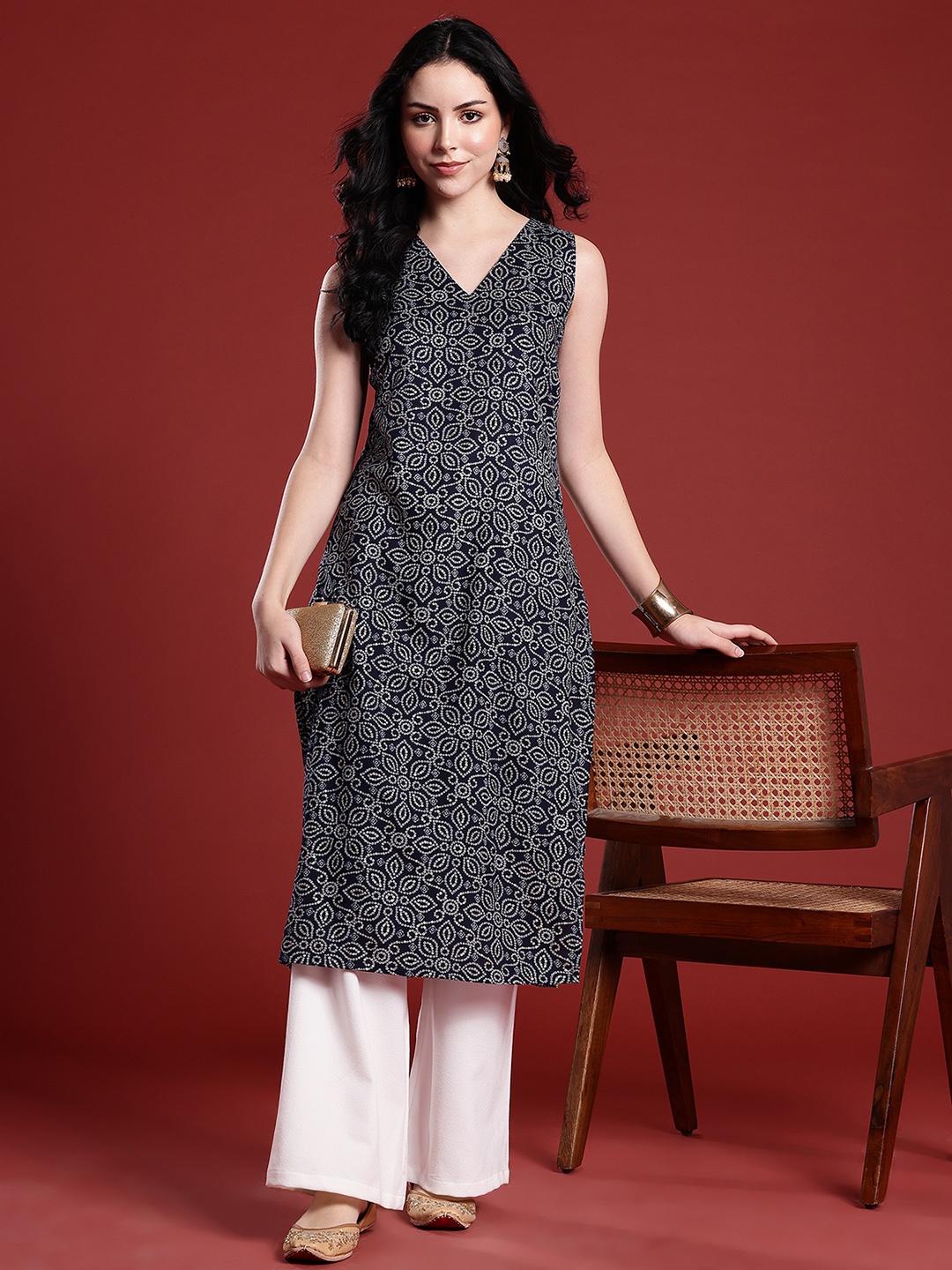 

Anouk Bandhani Print Straight Kurta, Navy blue