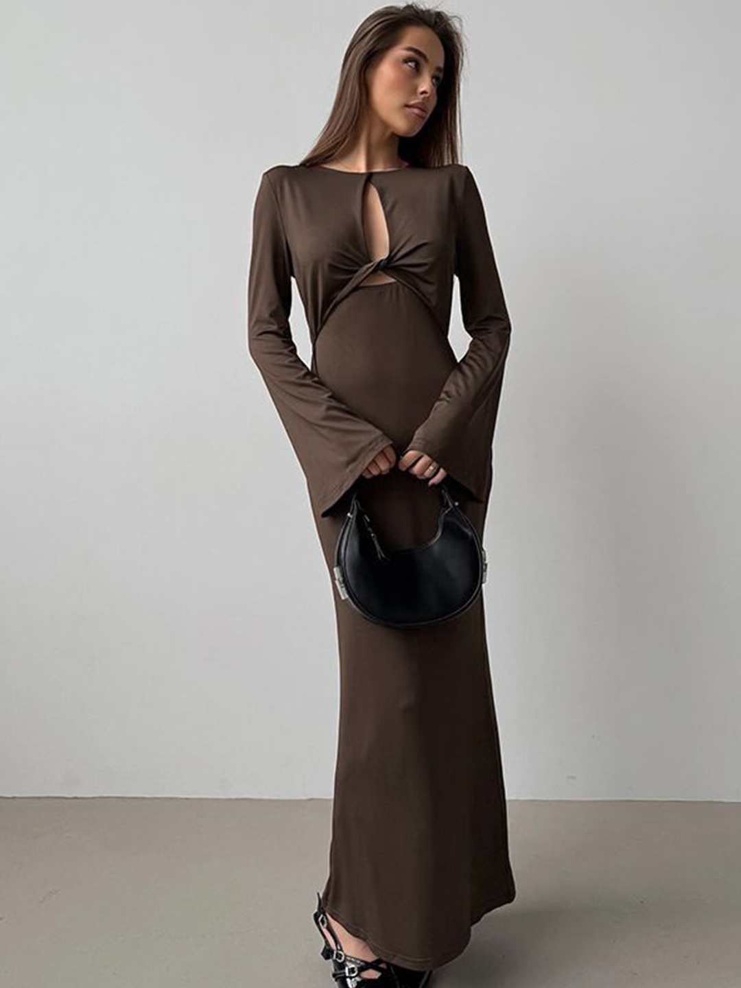 

StyleCast Women Keyhole Neck Bell Sleeves Maxi Dress, Brown