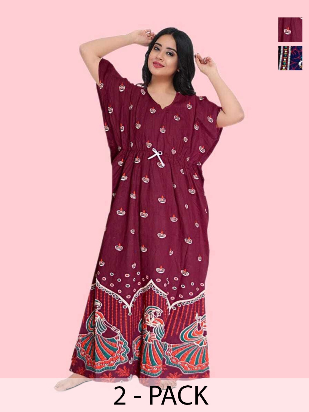 

PR PINK ROYAL Women Pack of 2 Printed Pure Cotton Maxi Nightdress, Blue