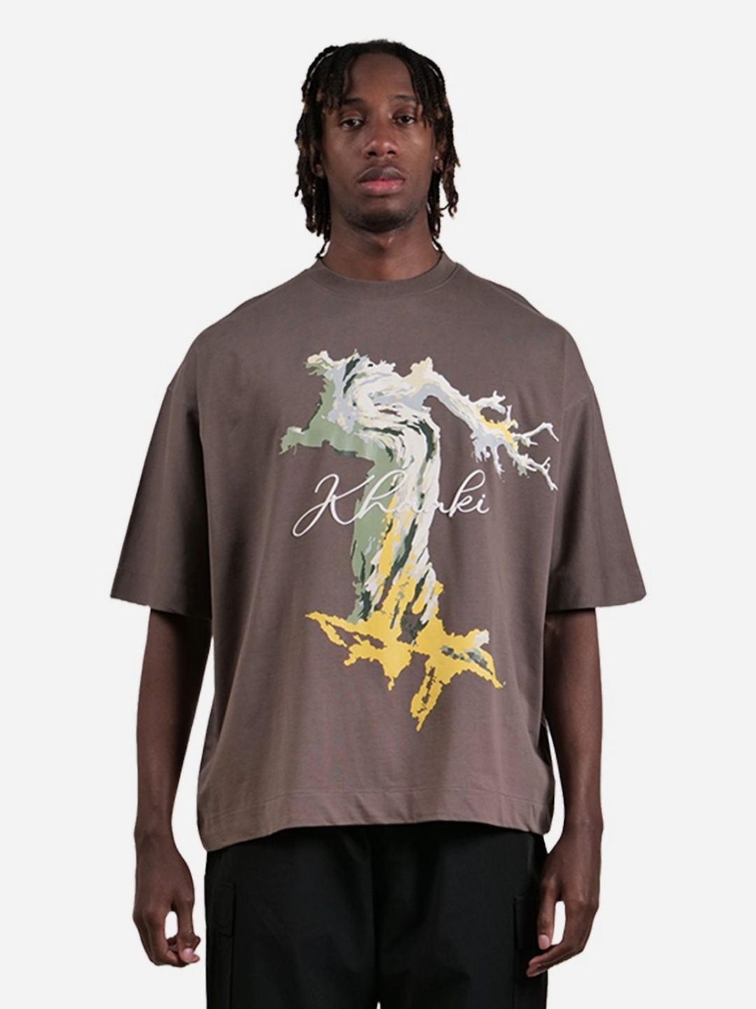 

KHAAKI Men Graphic Printed Round Neck Cotton Oversized T-shirt, Grey
