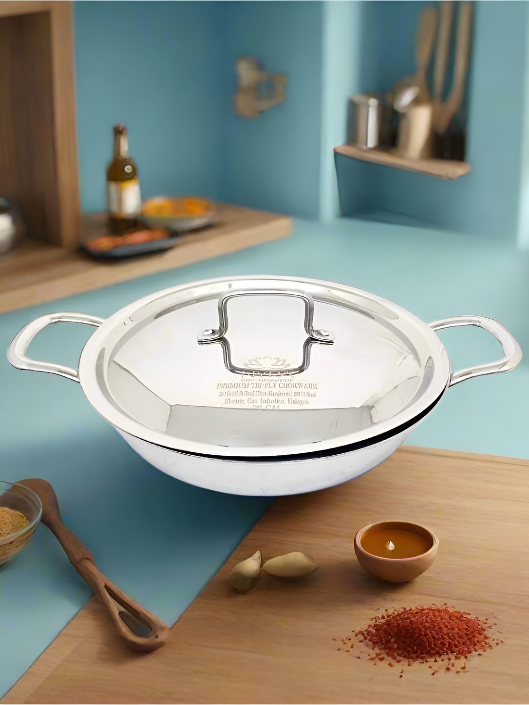 

Nyra Kitchenware Triply Silver-Toned Stainless Steel Serving Kadhai & Lid
