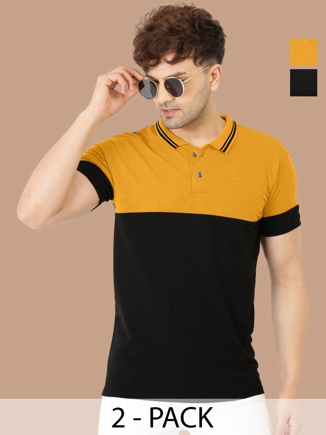 

Leotude Men Pack Of 2 Colourblocked Polo Collar Cotton T-shirts, Black