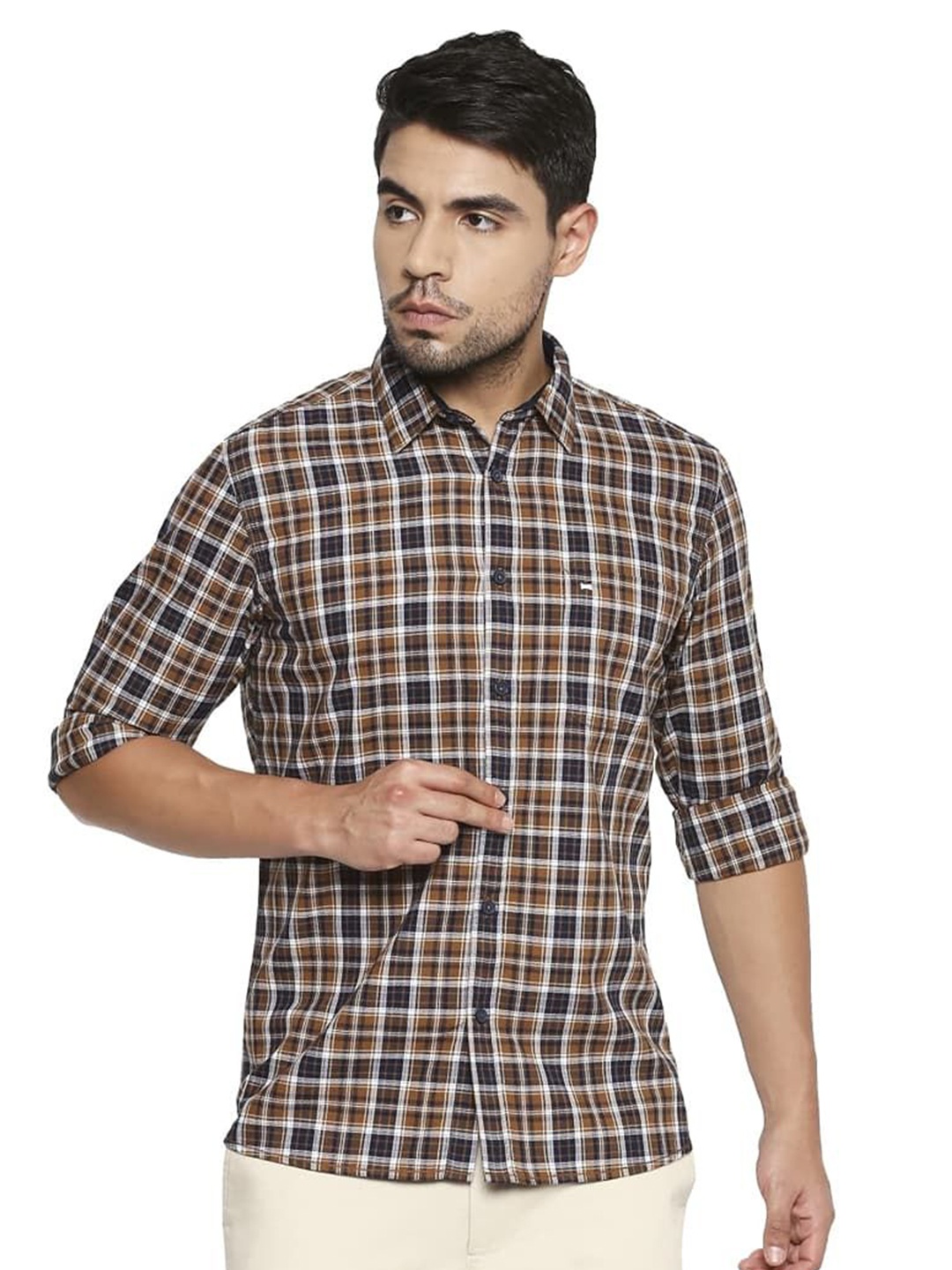 

Basics Men Relaxed Fit Spread Collar Checked Cotton Casual Shirt, Brown