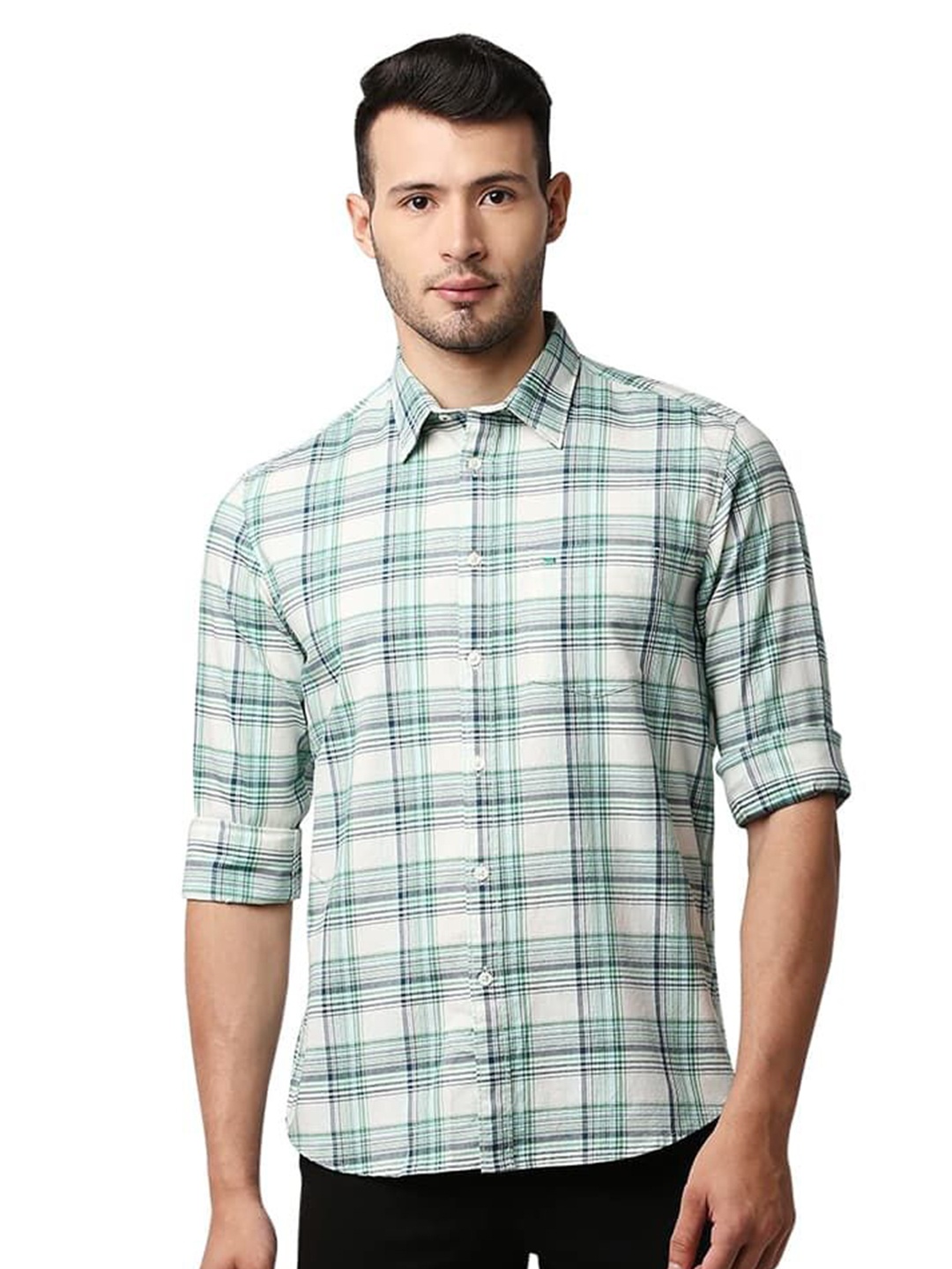 

Basics Men Relaxed Fit Spread Collar Tartan Checked Cotton Casual Shirt, White