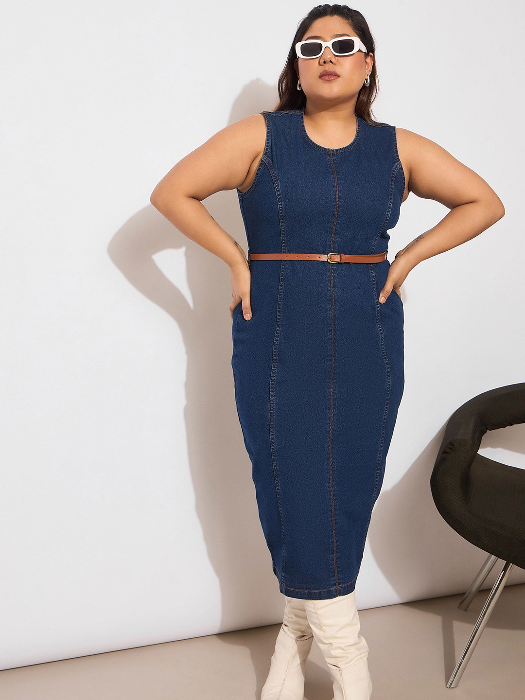 

SASSAFRAS Curve Women Plus Size Denim Bodycon Midi Dress, Navy blue