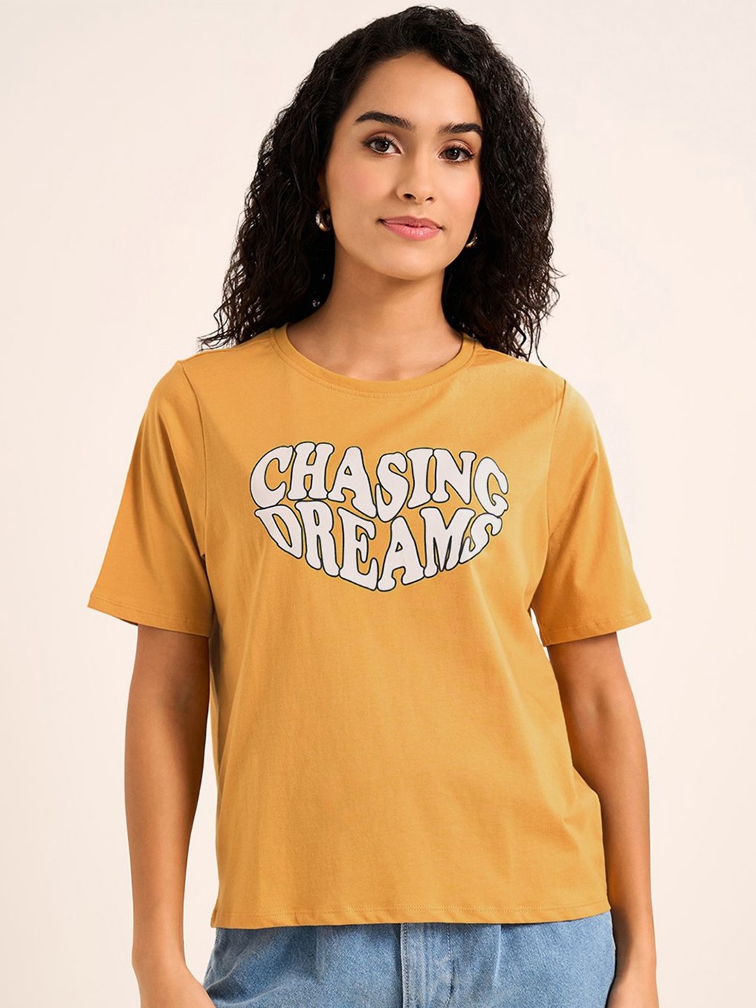 

People Women Typography Printed Round Neck Cotton Boxy T-shirt, Brown