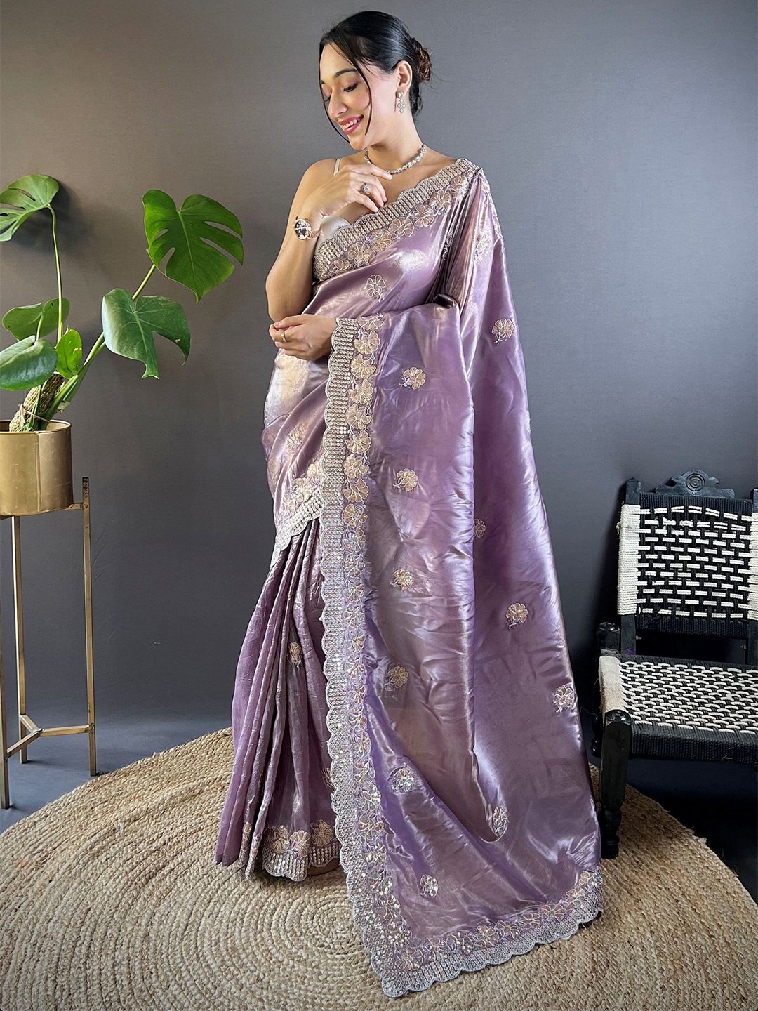 

Vintro Floral Sequinned Silk Blend Saree, Violet