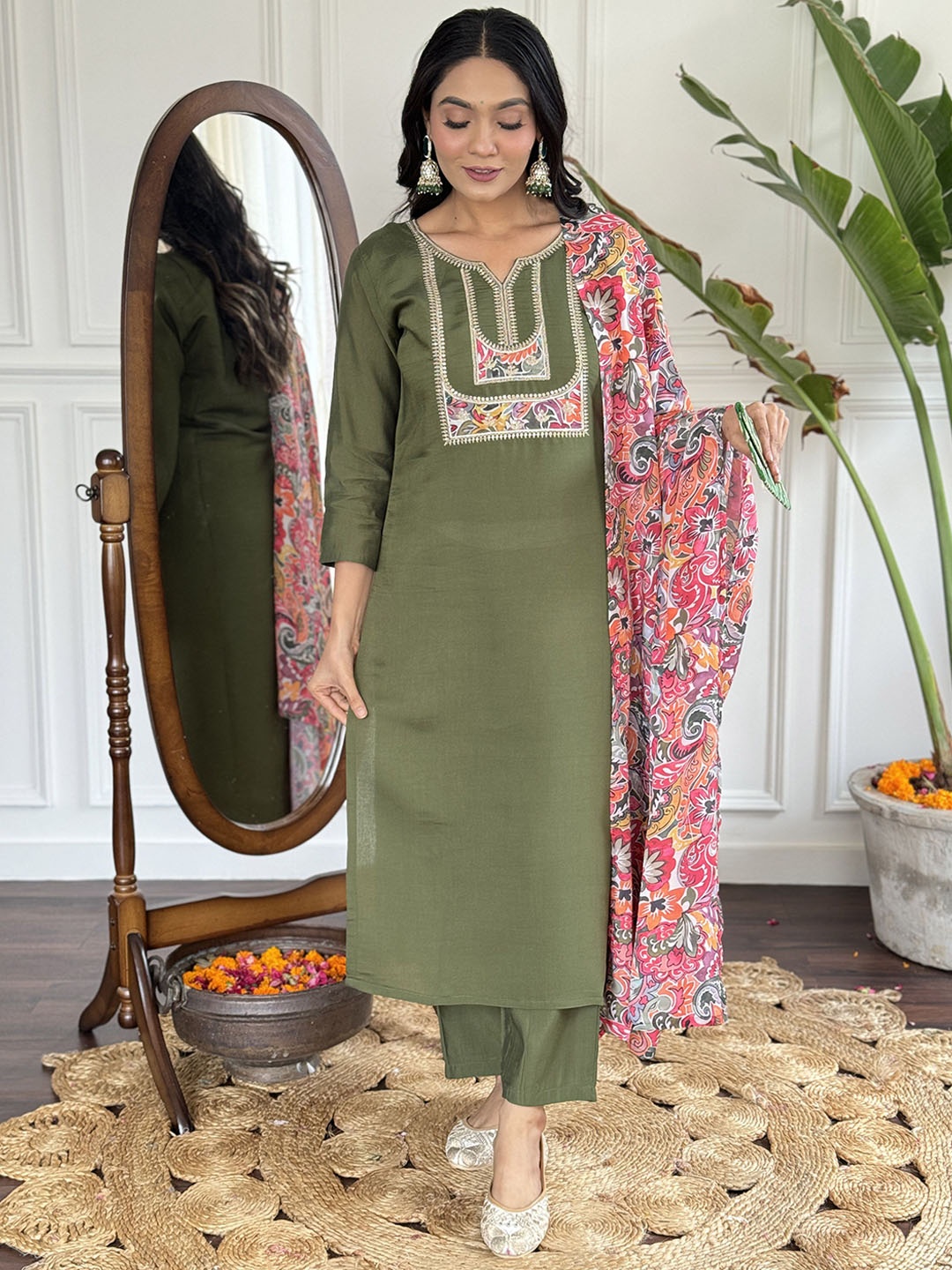 

Moda Rapido Green Floral Yoke Design Notch Neck Straight Kurta With Trousers And Dupatta