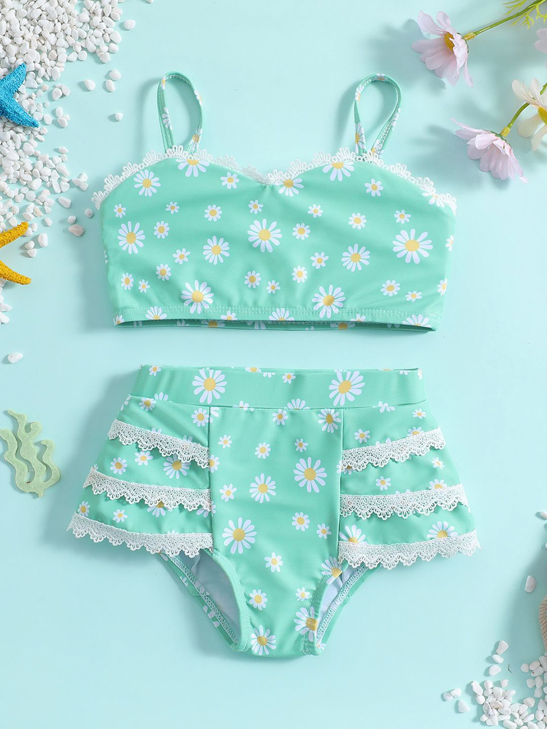 

YK Girls Printed Top & Shorts Swim Set, Green