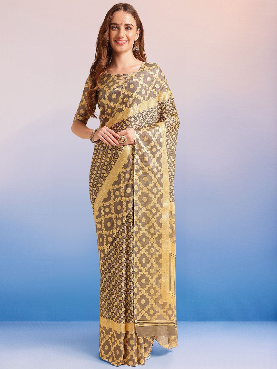 

Mitera Ethnic Motifs Woven Design Leheriya Ready To wear Saree, Grey