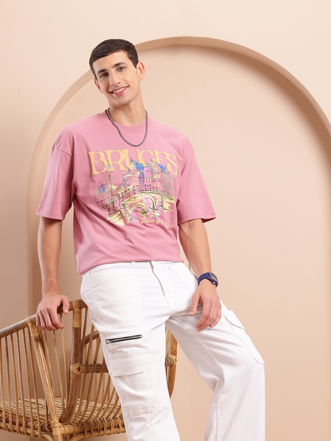 

Mast & Harbour Printed Drop-Shoulder Sleeves Oversized T-shirt, Rose