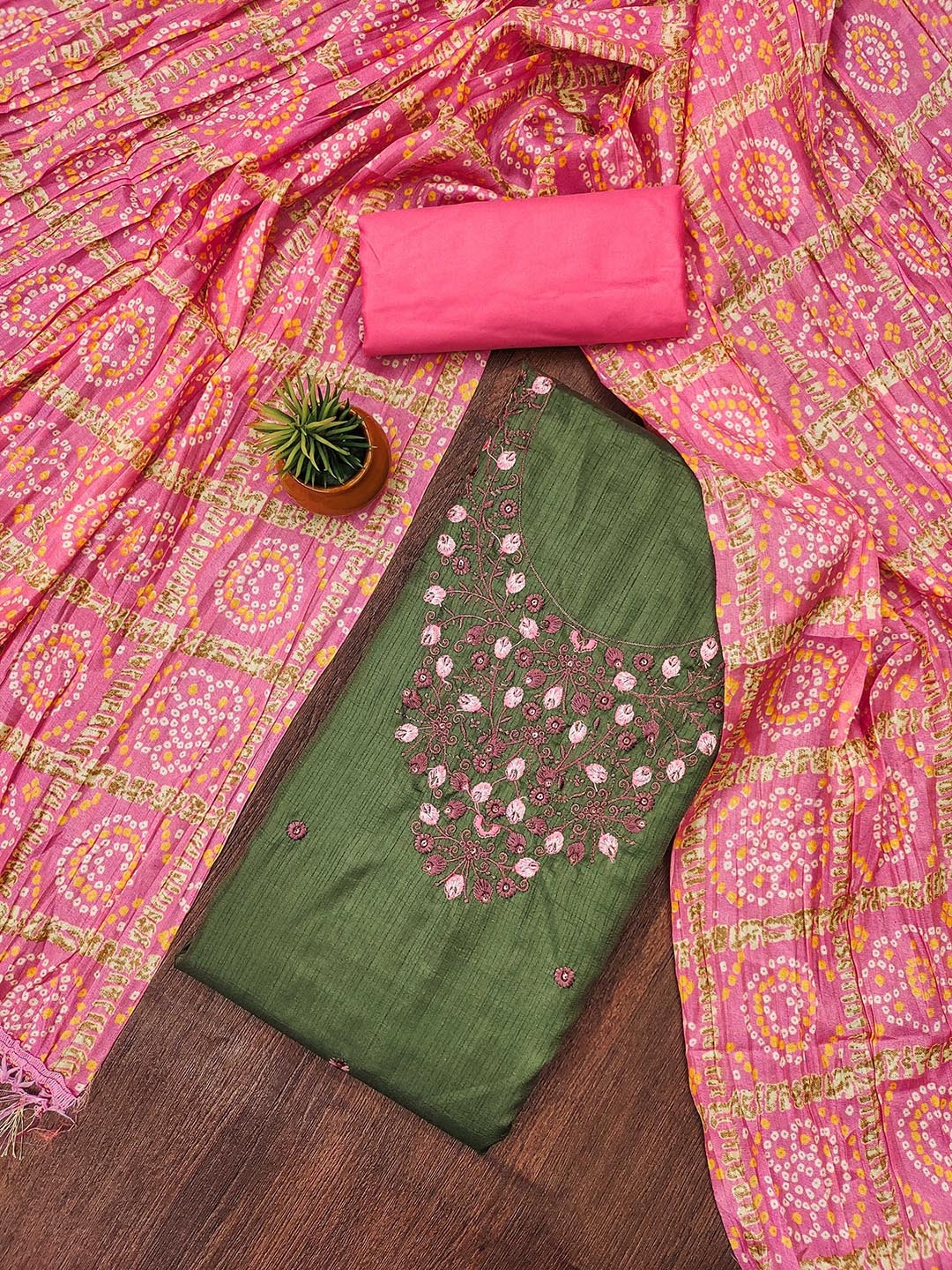 

HERE&NOW Floral Embroidered Sequinned Unstitched Dress Material, Olive