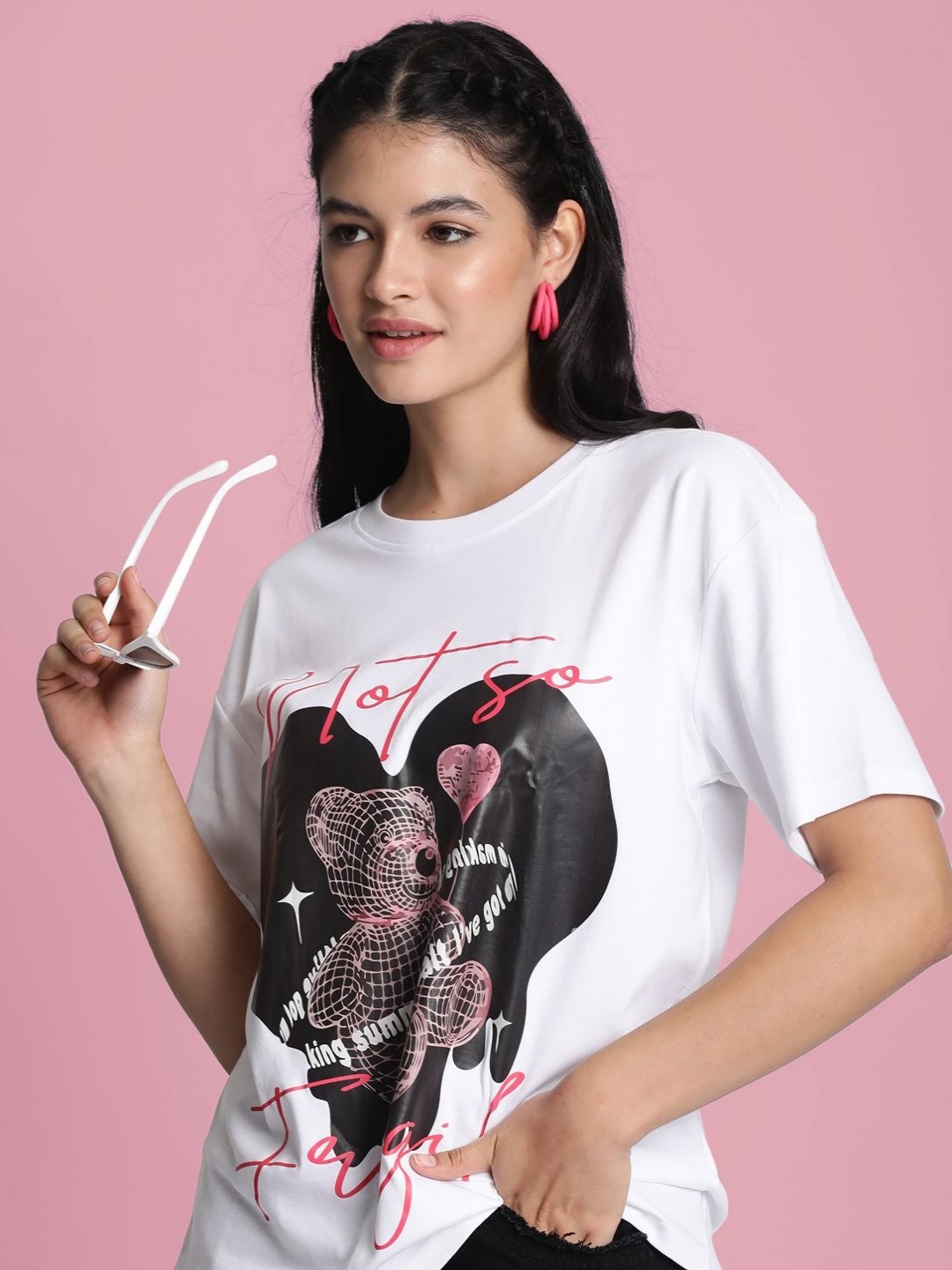 

Bene Kleed Women Graphic Printed Round Neck Cotton Oversized T-shirt, White