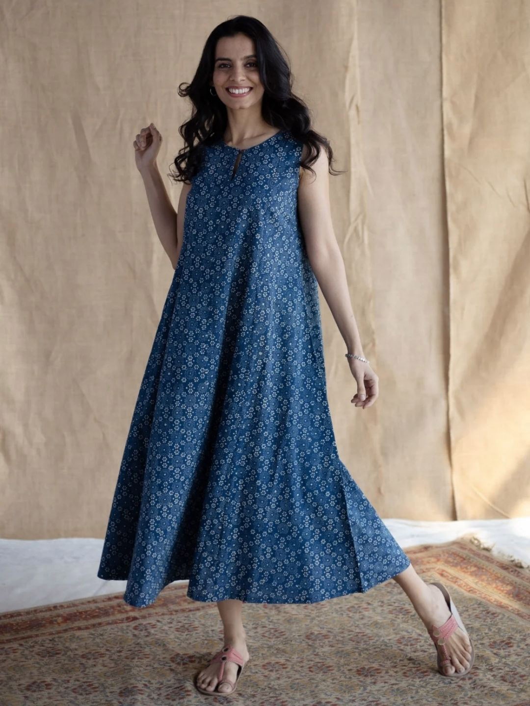 

THE INDIAN ETHNIC CO Women Indigo A-Line Ajrakh Cotton Dress, Blue