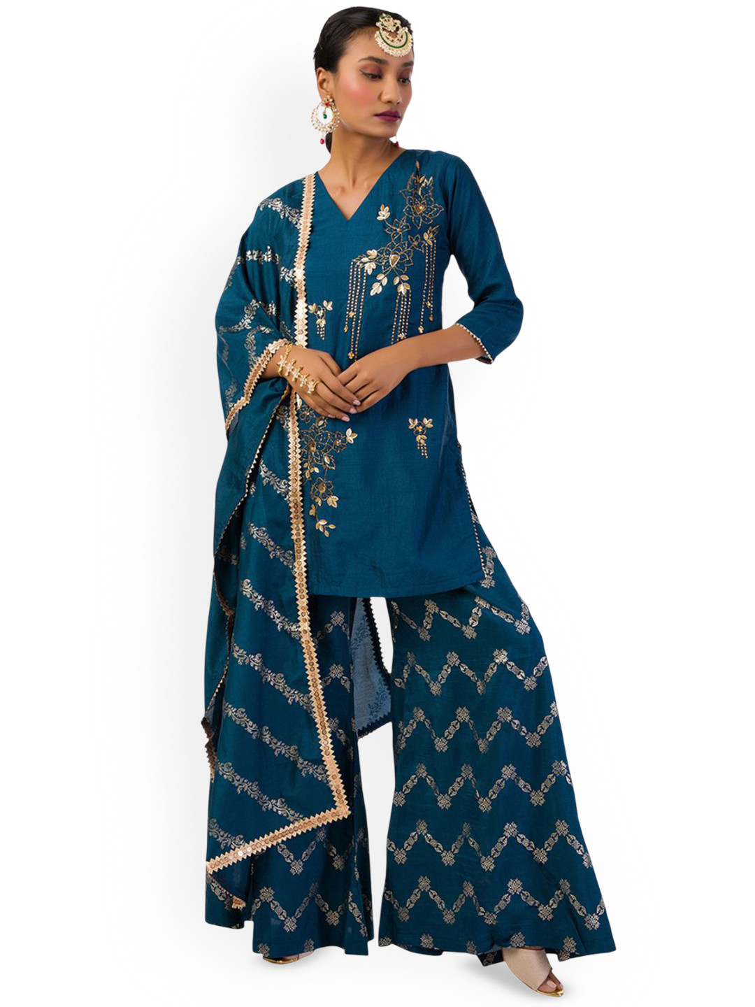 

Mystake By Meghna Shah Embroidered Dupion Silk Straight Kurta With Palazzos & Dupatta, Blue